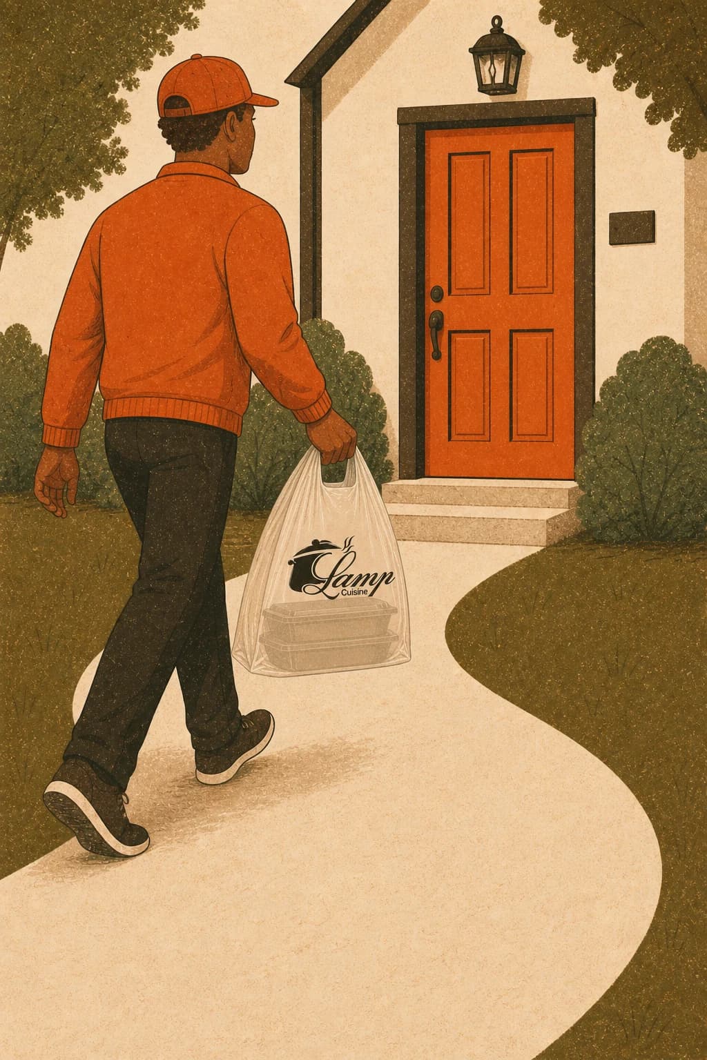 A Lamp Cuisine courier carrying a branded delivery bag toward a customer's front door.
