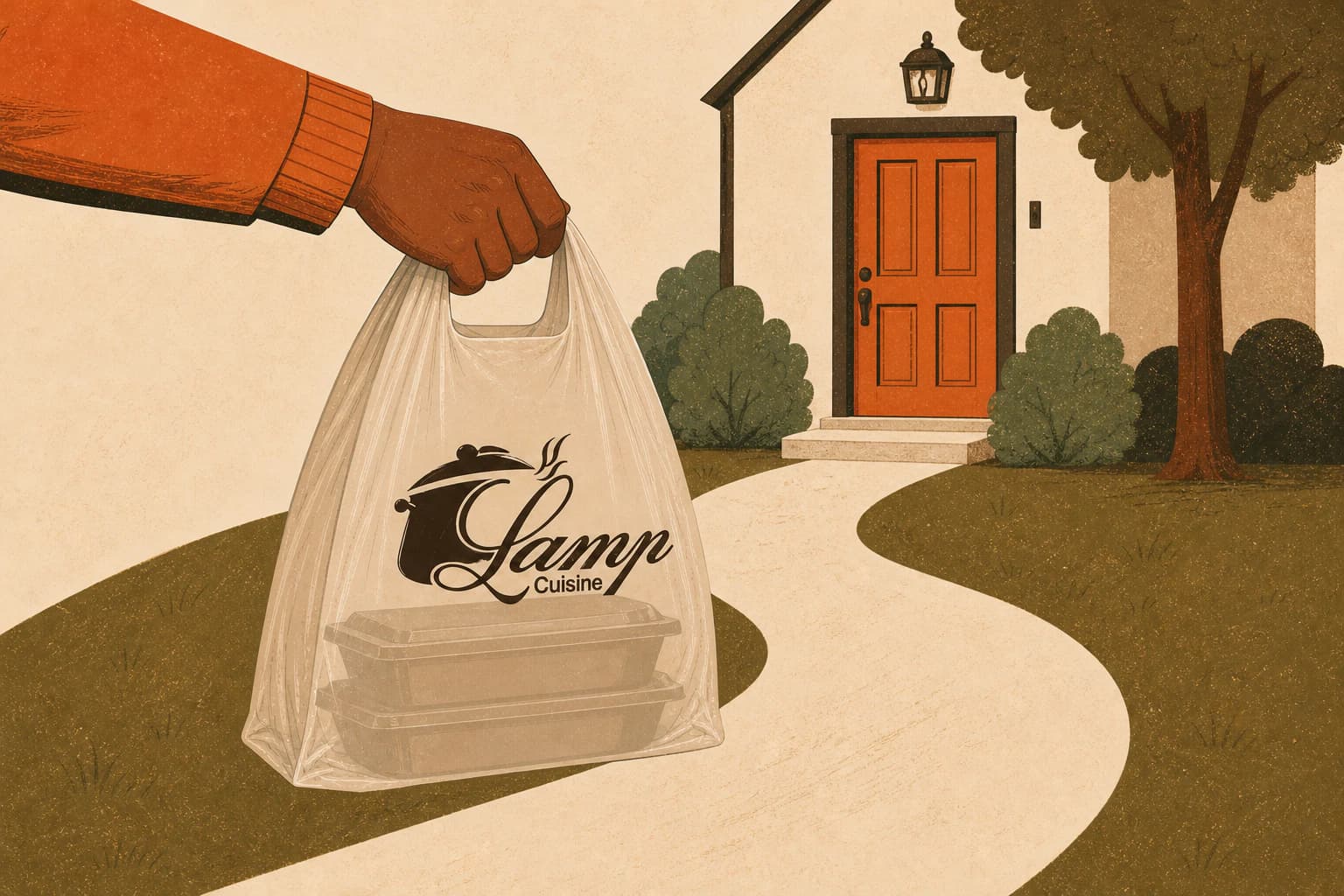A Lamp Cuisine delivery order arriving at a customer's front door.