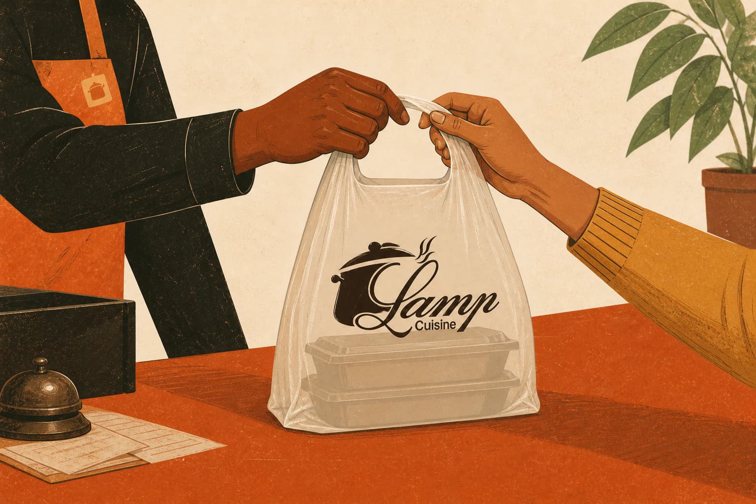 A Lamp Cuisine order being handed to a pickup customer at the counter.